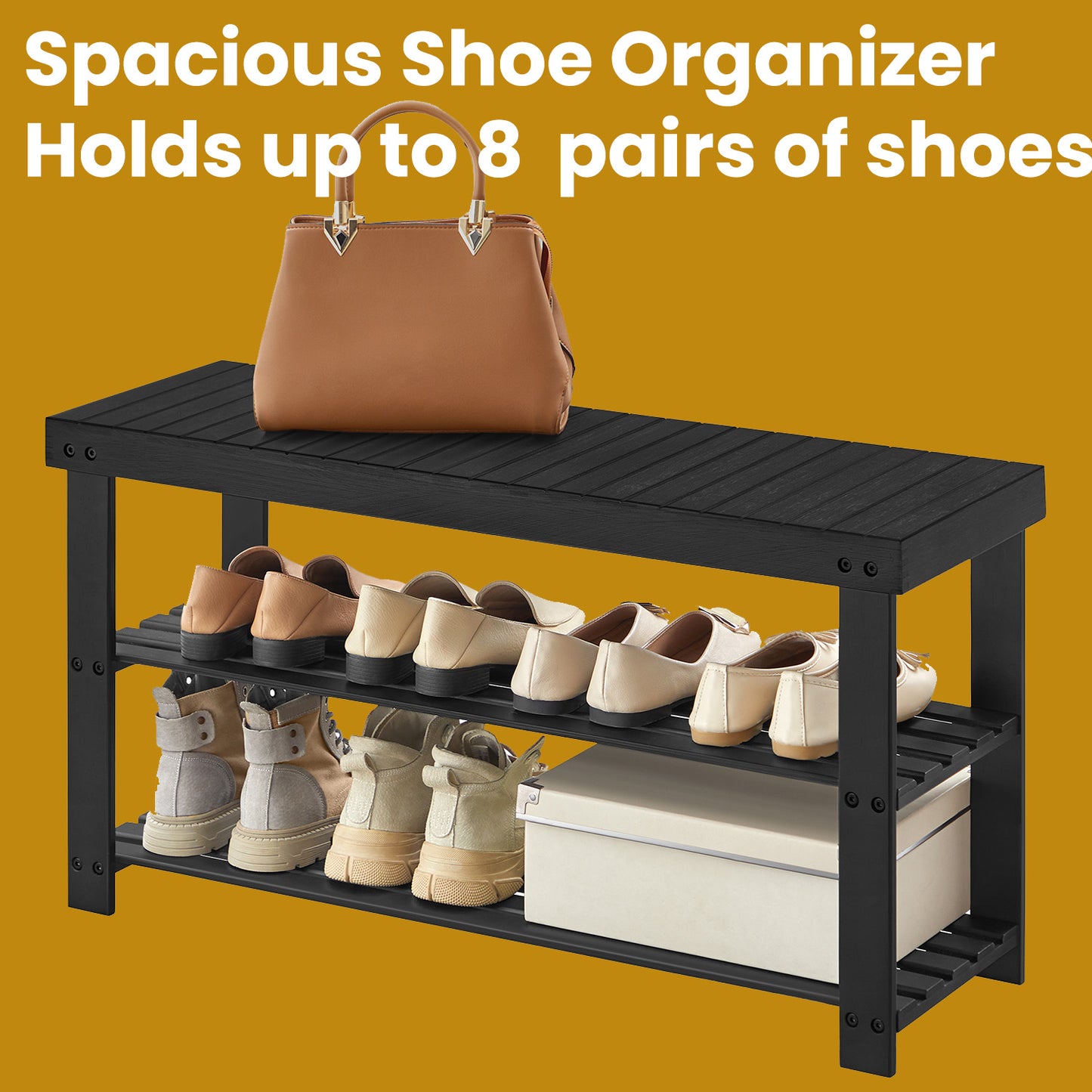 3-Tier Shoe Rack Bench with Seat, Bamboo Shoe Shelf Organizer for Entryway Bathroom Bedroom, Black