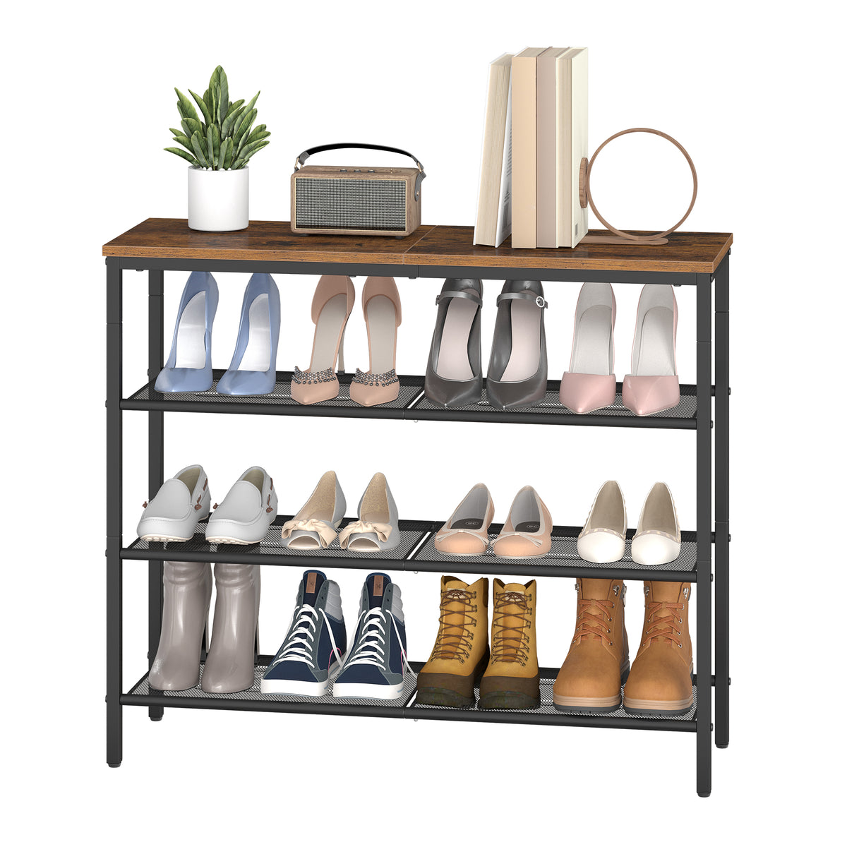 LEDREM 4 Tier Industrial Shoe Rack for Entryway, Steel, Particleboard Storage Organizer, 29.5 x 10.8 x 28.5 Inches, Tan