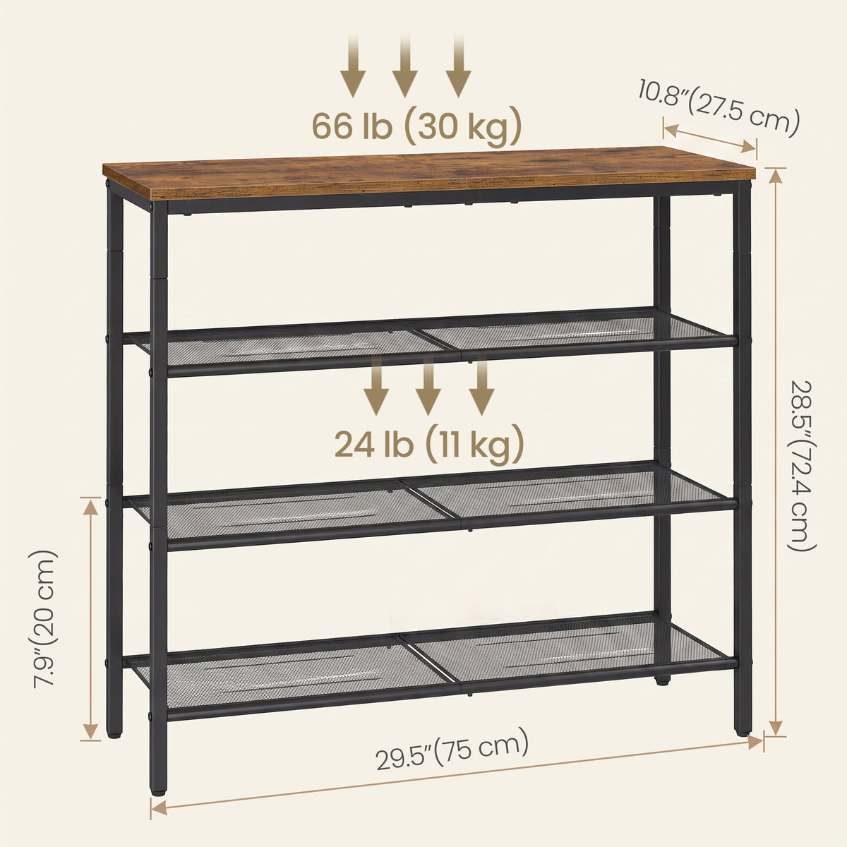 LEDREM 4 Tier Industrial Shoe Rack for Entryway, Steel, Particleboard Storage Organizer, 29.5 x 10.8 x 28.5 Inches, Tan