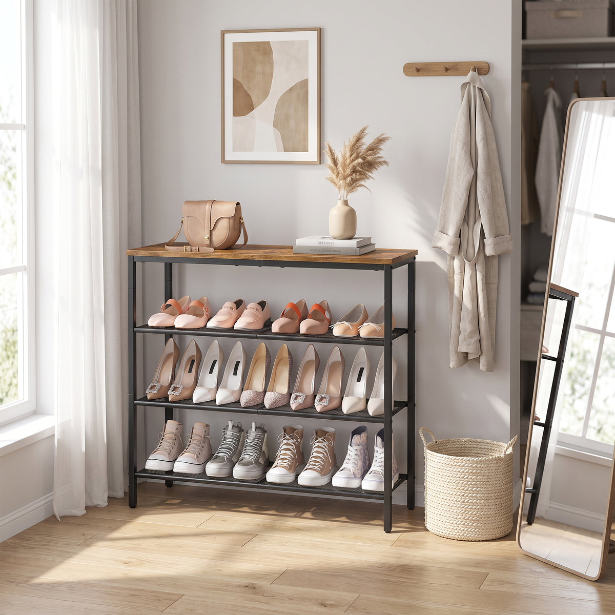 LEDREM 4 Tier Industrial Shoe Rack for Entryway, Steel, Particleboard Storage Organizer, 29.5 x 10.8 x 28.5 Inches, Tan
