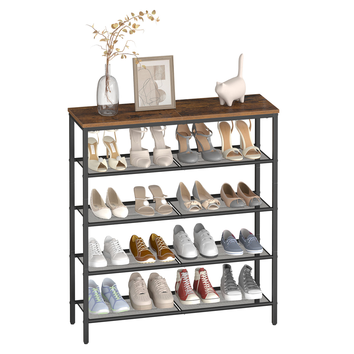 LEDREM 5 Tier Industrial Shoe Rack for Entryway, Steel, Particleboard Storage Organizer, 29.5 x 10.8 x 36.6 Inches, Tan