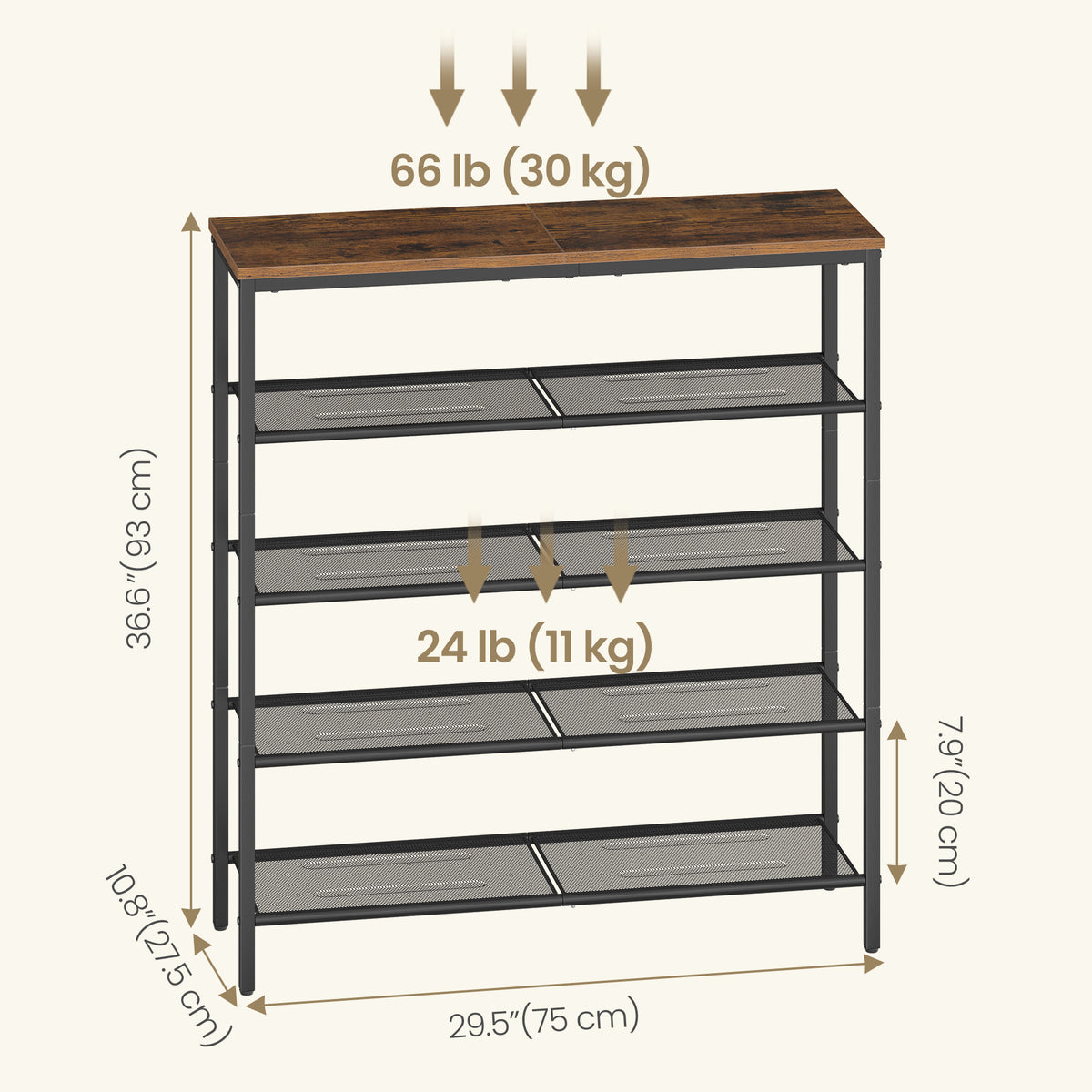 LEDREM 5 Tier Industrial Shoe Rack for Entryway, Steel, Particleboard Storage Organizer, 29.5 x 10.8 x 36.6 Inches, Tan