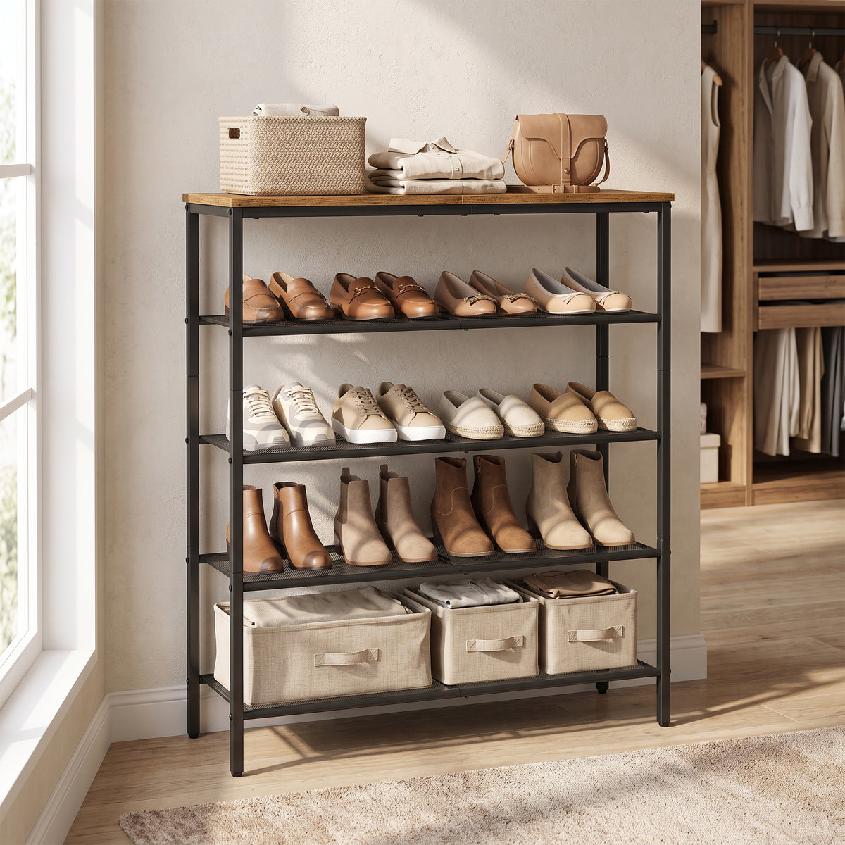 LEDREM 5 Tier Industrial Shoe Rack for Entryway, Steel, Particleboard Storage Organizer, 29.5 x 10.8 x 36.6 Inches, Tan