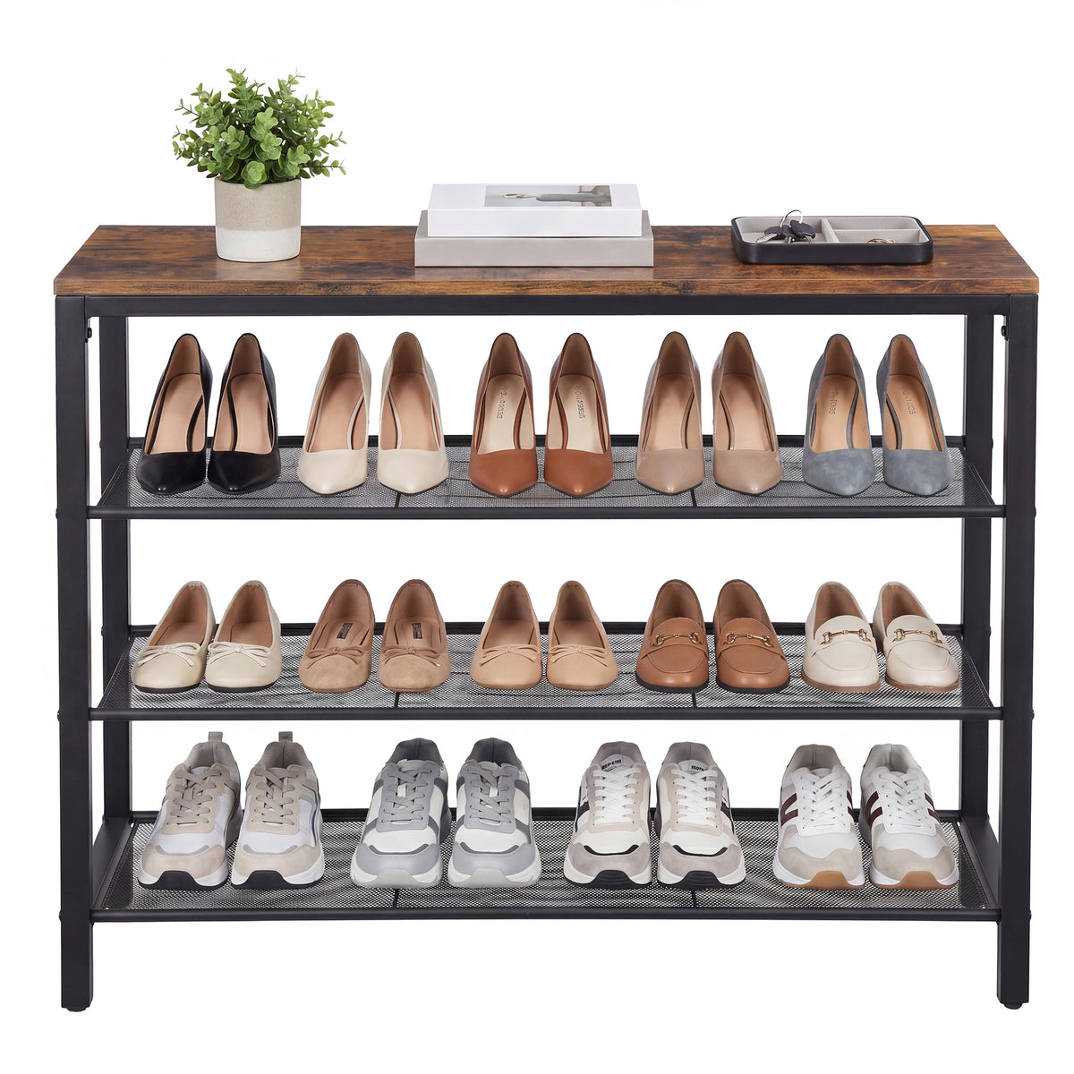 LEDREM 4 Tier Industrial Shoe Rack for Entryway, Steel Storage Organizer, 39.4 x 11.8 x 28.4 Inches, Rustic Brown and Black