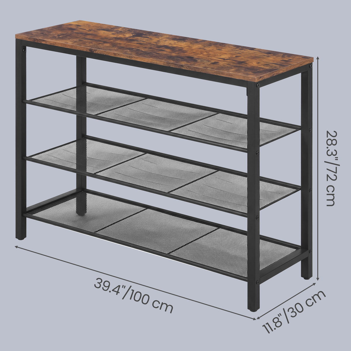 LEDREM 4 Tier Industrial Shoe Rack for Entryway, Steel Storage Organizer, 39.4 x 11.8 x 28.4 Inches, Rustic Brown and Black