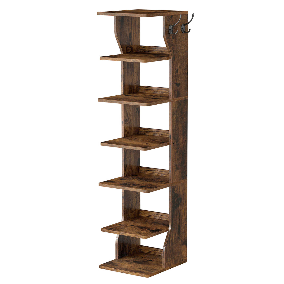 LEDREM 7-Tier Shoe Shelf, Slim Corner Storage Rack with Hooks, Space-Saving Organizer for Bedroom or Entryway, Rustic Brown
