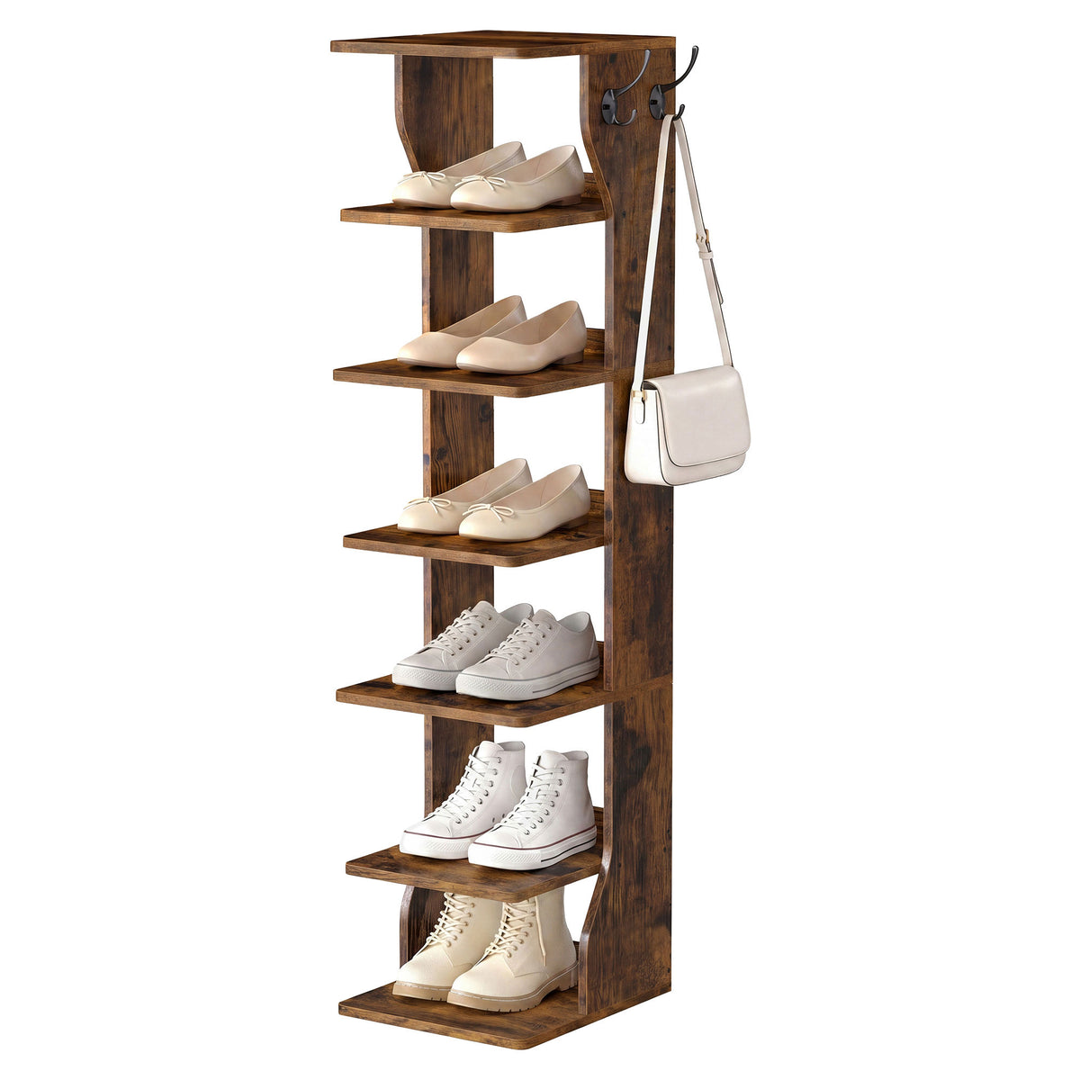 LEDREM 7-Tier Shoe Shelf, Slim Corner Storage Rack with Hooks, Space-Saving Organizer for Bedroom or Entryway, Rustic Brown