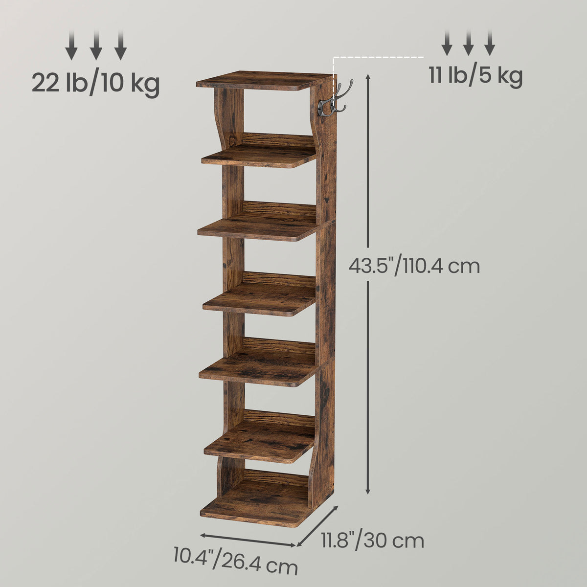 LEDREM 7-Tier Shoe Shelf, Slim Corner Storage Rack with Hooks, Space-Saving Organizer for Bedroom or Entryway, Rustic Brown