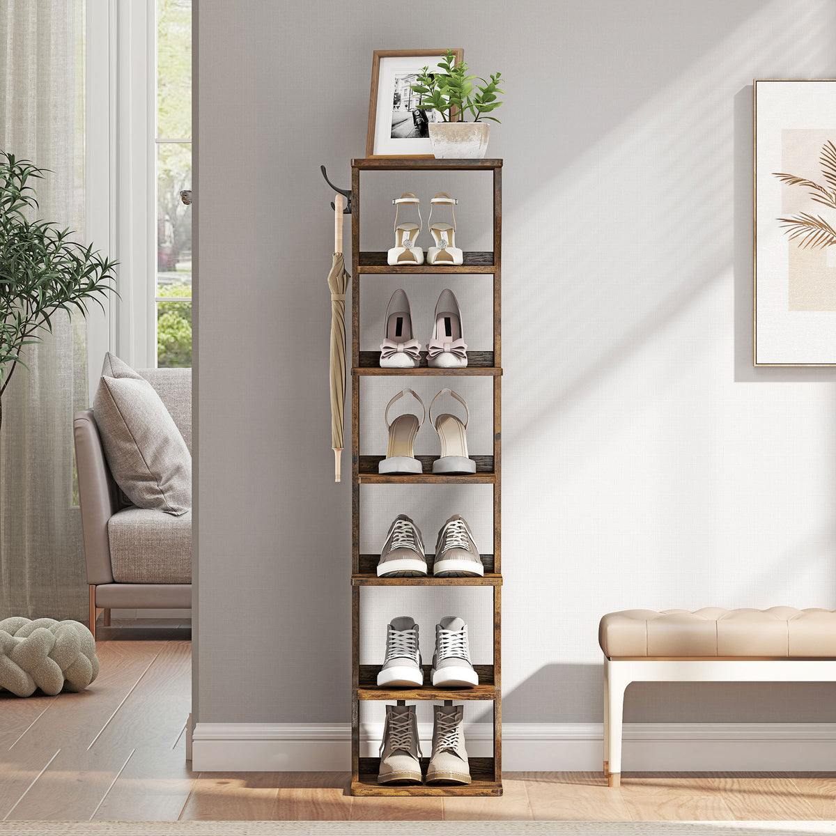 LEDREM 7-Tier Shoe Shelf, Slim Corner Storage Rack with Hooks, Space-Saving Organizer for Bedroom or Entryway, Rustic Brown
