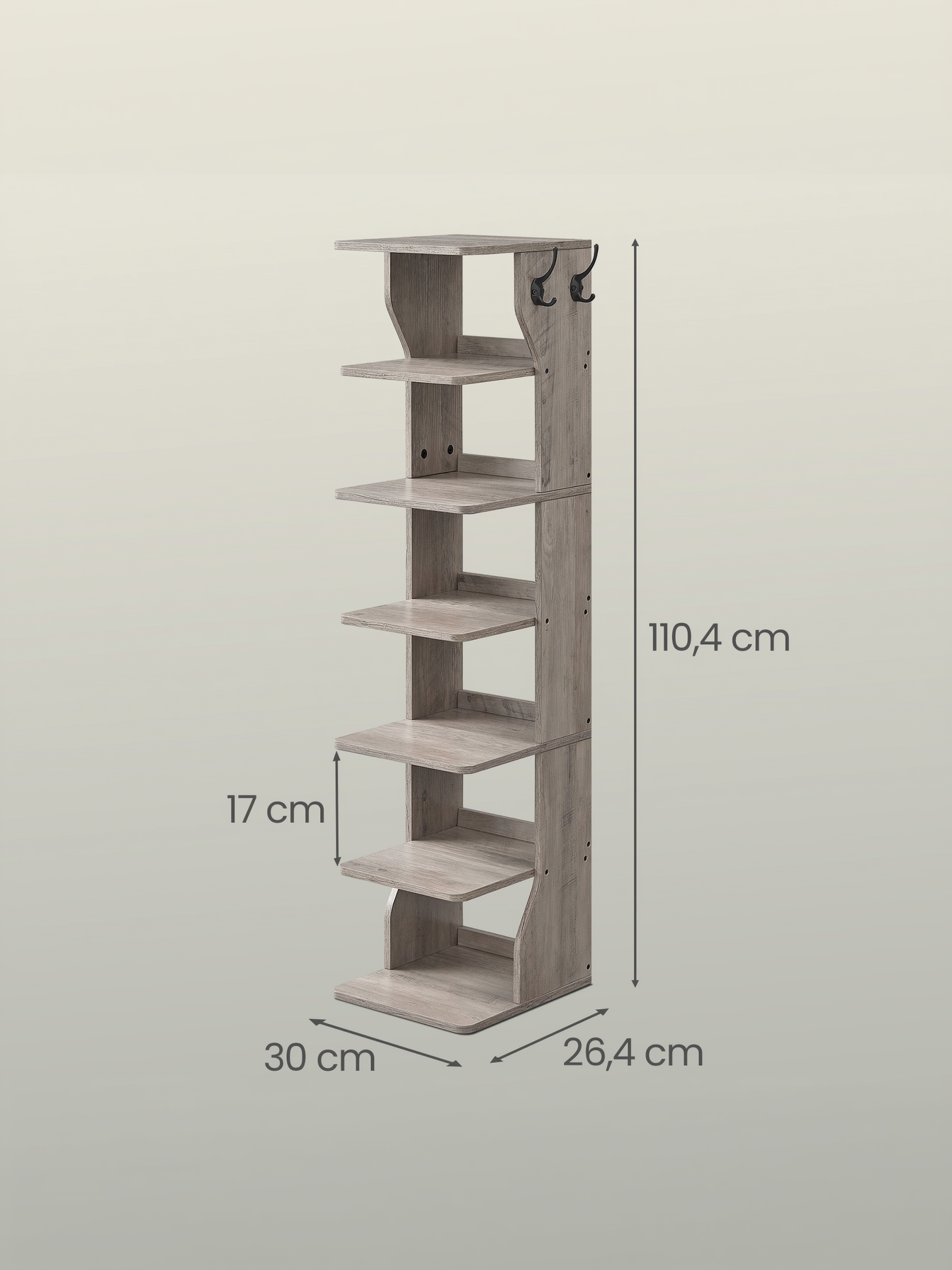 7-Tier Vertical Shoe Rack, Narrow Corner Shelf Organizer with Hooks, Space-Saving Tower for Entryway and Bedroom, Heather Greige