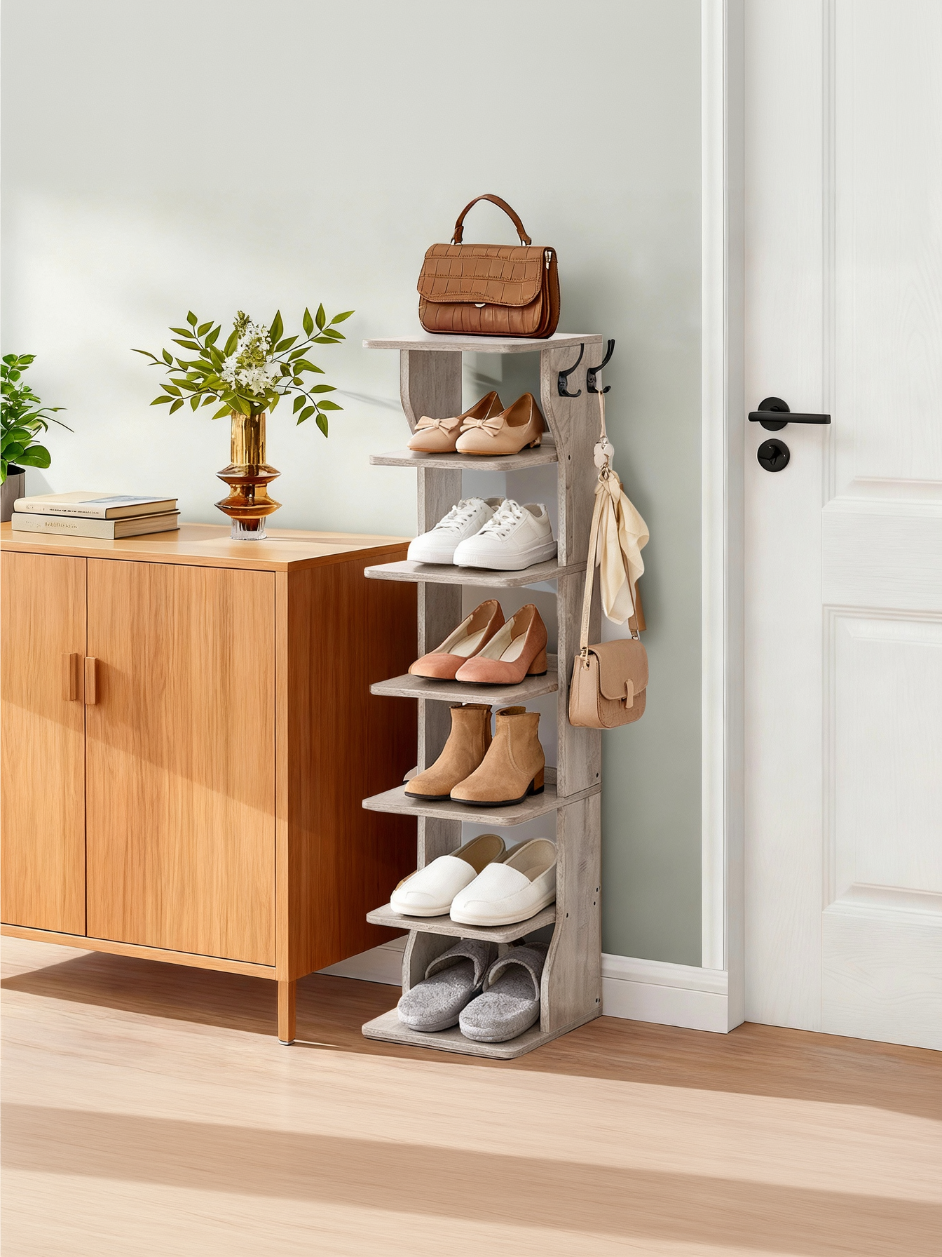 7-Tier Vertical Shoe Rack, Narrow Corner Shelf Organizer with Hooks, Space-Saving Tower for Entryway and Bedroom, Heather Greige
