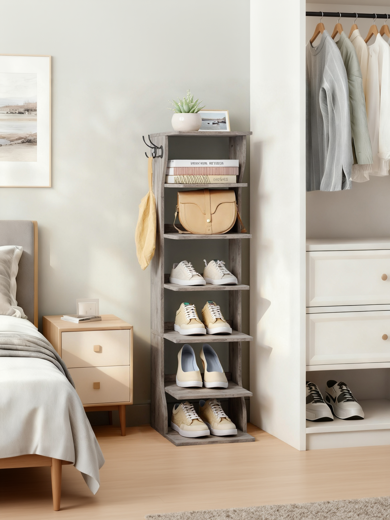 7-Tier Vertical Shoe Rack, Narrow Corner Shelf Organizer with Hooks, Space-Saving Tower for Entryway and Bedroom, Heather Greige