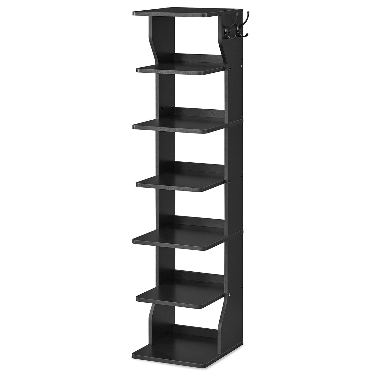 LEDREM 7-Tier Shoe Shelf, Slim Corner Storage Rack with Hooks, Space-Saving Organizer for Bedroom or Entryway, Black