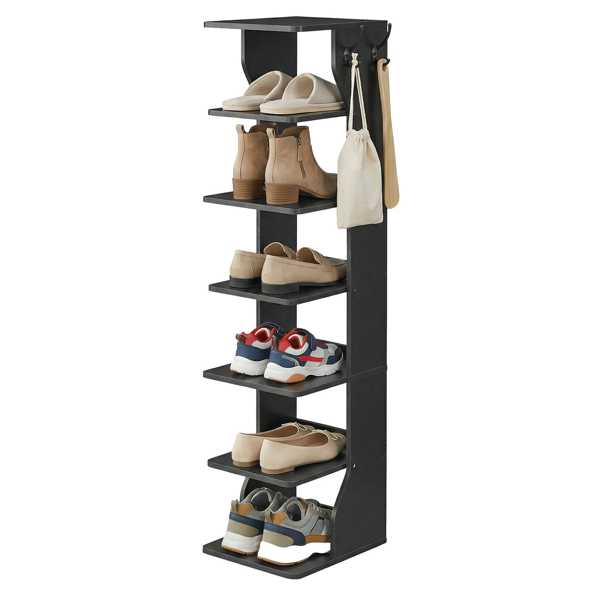LEDREM 7-Tier Shoe Shelf, Slim Corner Storage Rack with Hooks, Space-Saving Organizer for Bedroom or Entryway, Black