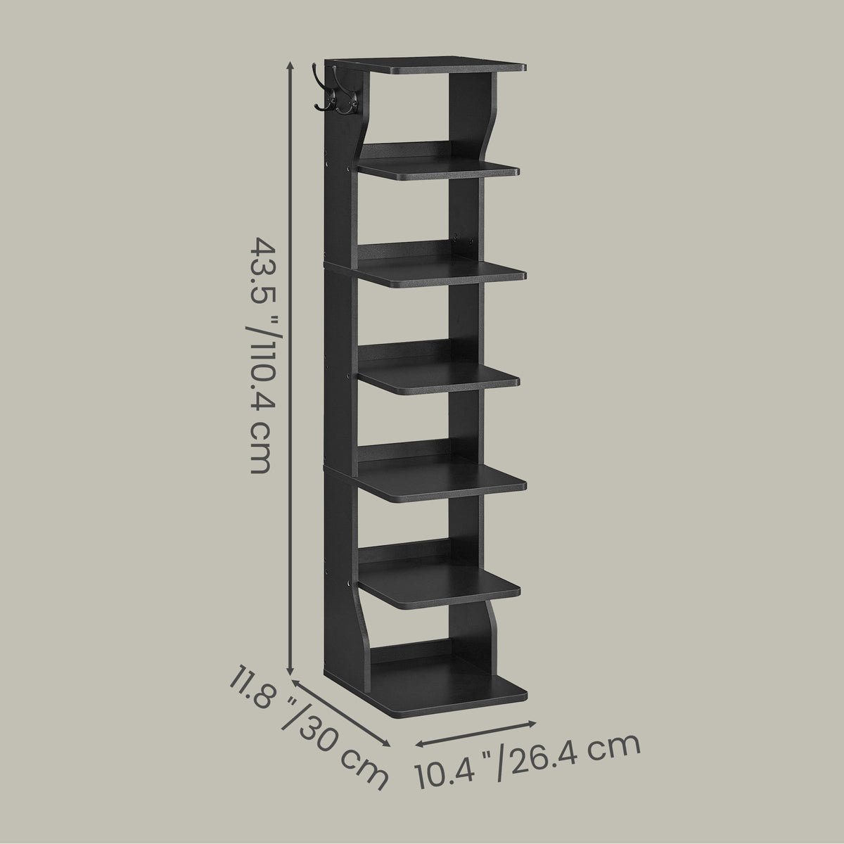 LEDREM 7-Tier Shoe Shelf, Slim Corner Storage Rack with Hooks, Space-Saving Organizer for Bedroom or Entryway, Black