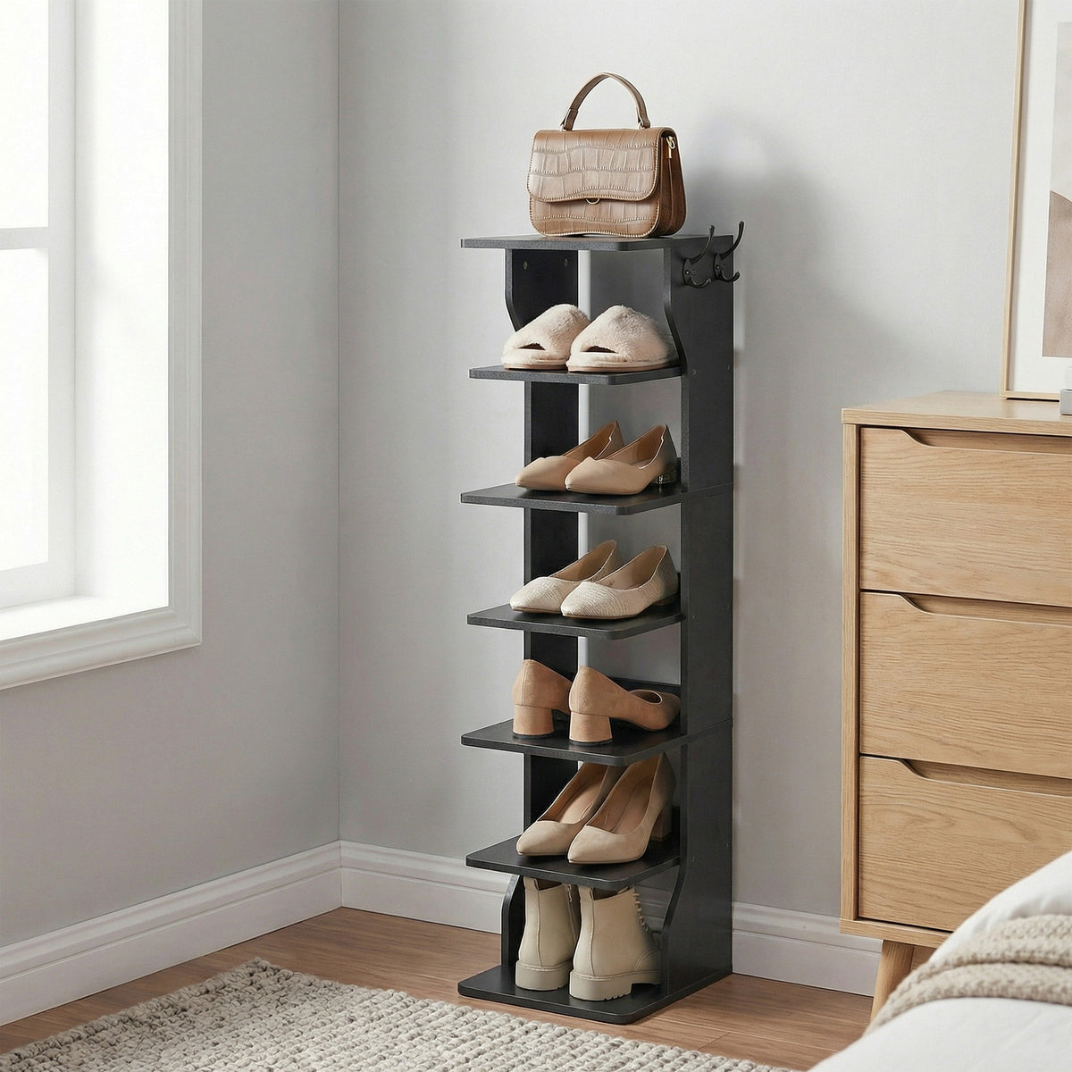LEDREM 7-Tier Shoe Shelf, Slim Corner Storage Rack with Hooks, Space-Saving Organizer for Bedroom or Entryway, Black