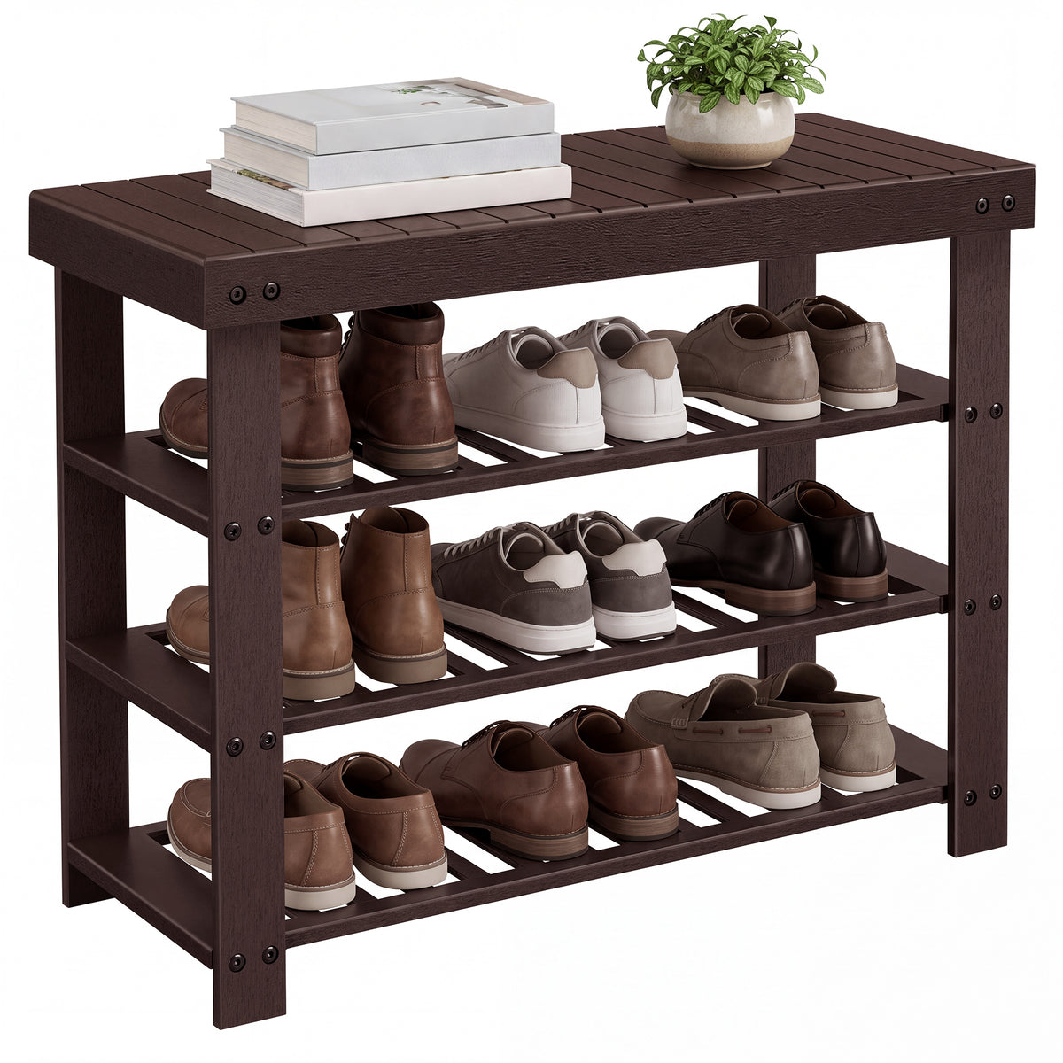 LEDREM Bamboo Shoe Bench, 4-Tier Entryway Storage Bench, 27.6 x 11.3 x 20.5 Inches, Rustic Walnut
