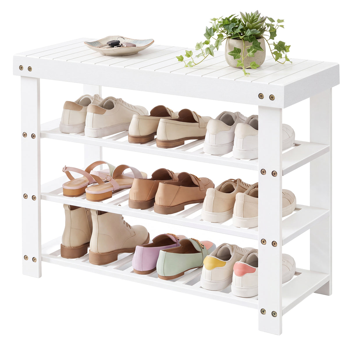 LEDREM Bamboo Shoe Bench, 4-Tier Entryway Storage Bench, 27.6 x 11.3 x 20.5 Inches, Cloud White