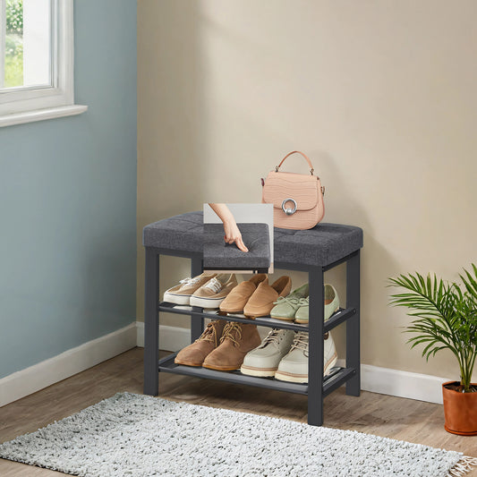 Storage Bench with Cushioned Seat, 2-Tier Shoe Rack for Entryway Hallway Bedroom, Holds 6 Pairs, 300lb Capacity, Easy Assembly,Gray and Black
