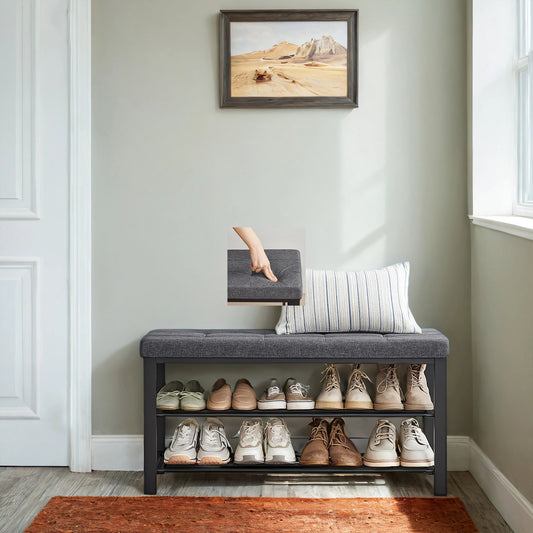 2-Tier Storage Bench with Premium Cushion, 300lb Capacity Shoe Organizer & Seat, Holds 10 Pairs, Quick Assembly, Dark Gray and Ink Black