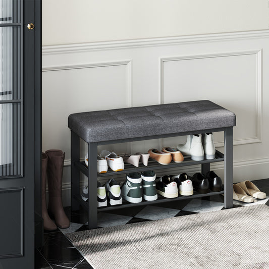 2-Tier Entryway Storage Bench with Plush Cushion, 300lb Capacity Shoe Organizer & Seat, Holds 8 Pairs, Quick Assembly, Dark Gray and Ink Black