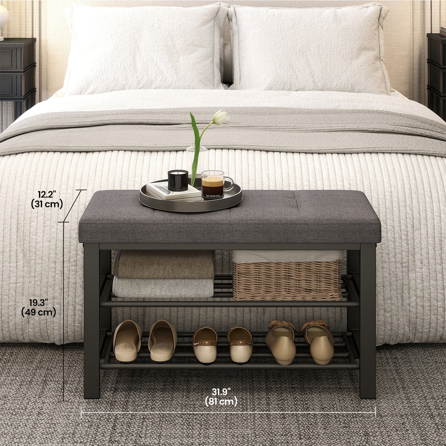 2-Tier Entryway Storage Bench with Plush Cushion, 300lb Capacity Shoe Organizer & Seat, Holds 8 Pairs, Quick Assembly, Dark Gray and Ink Black