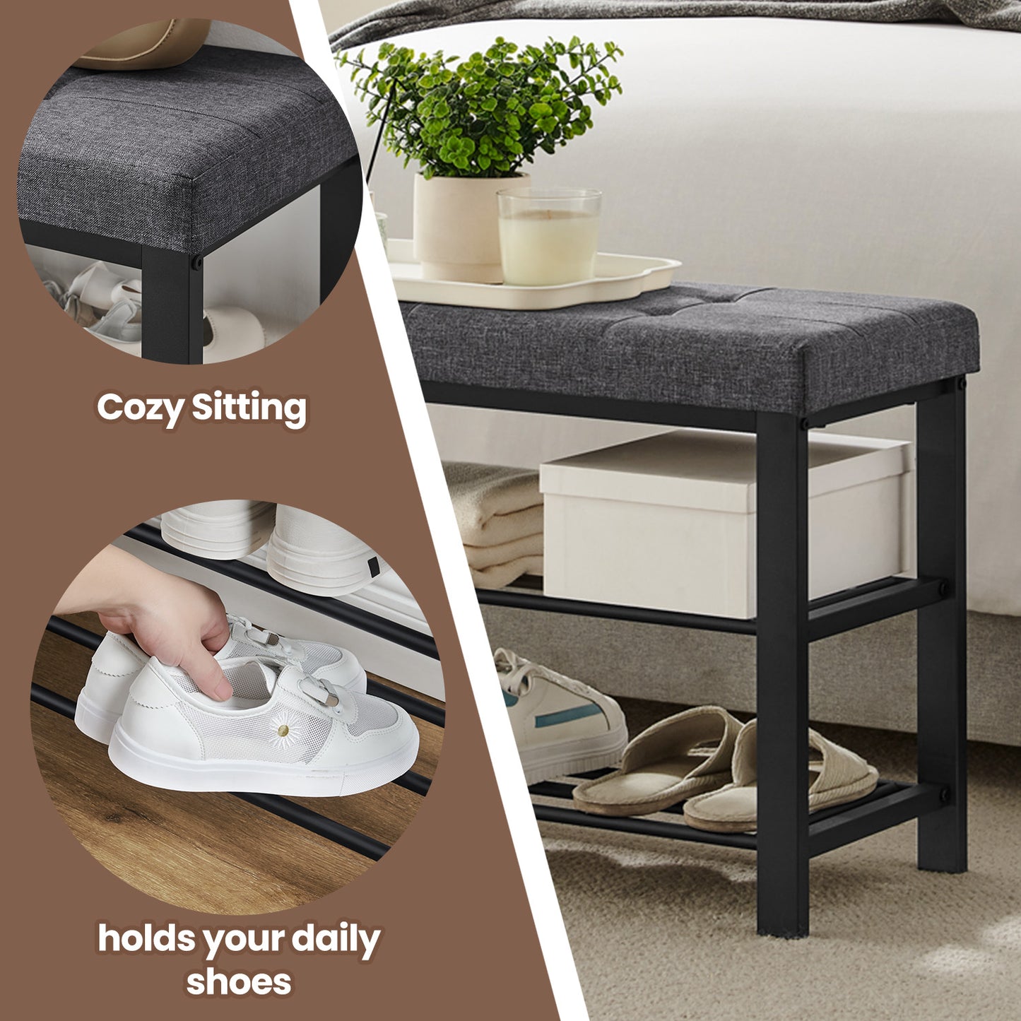 2-Tier Entryway Storage Bench with Plush Cushion, 300lb Capacity Shoe Organizer & Seat, Holds 8 Pairs, Quick Assembly, Dark Gray and Ink Black