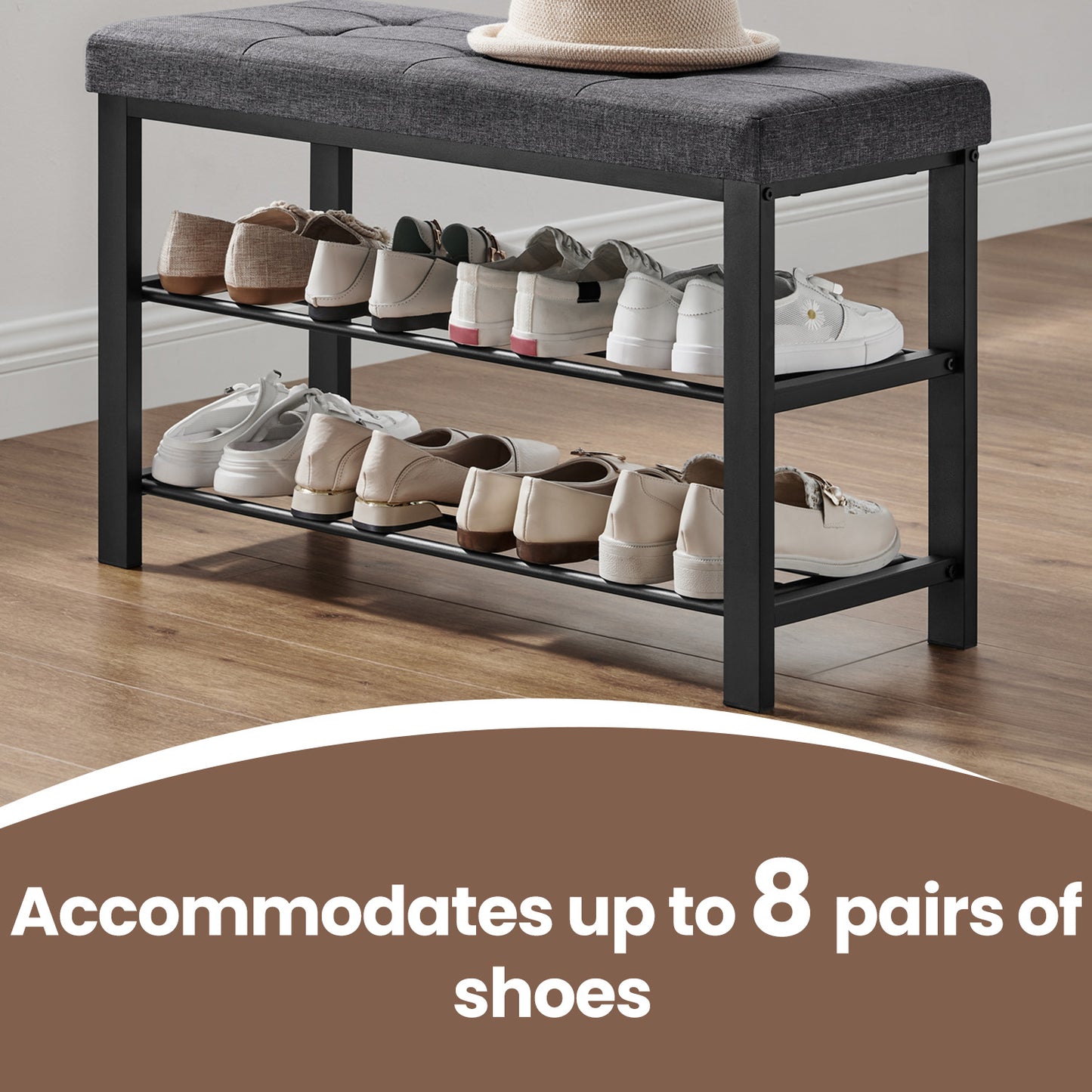 2-Tier Entryway Storage Bench with Plush Cushion, 300lb Capacity Shoe Organizer & Seat, Holds 8 Pairs, Quick Assembly, Dark Gray and Ink Black