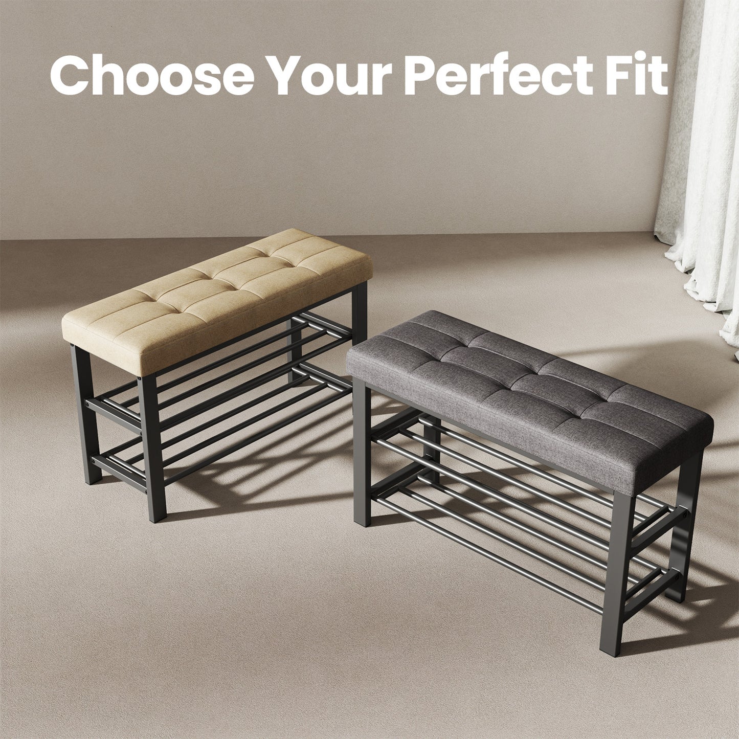 2-Tier Entryway Storage Bench with Plush Cushion, 300lb Capacity Shoe Organizer & Seat, Holds 8 Pairs, Quick Assembly, Dark Gray and Ink Black