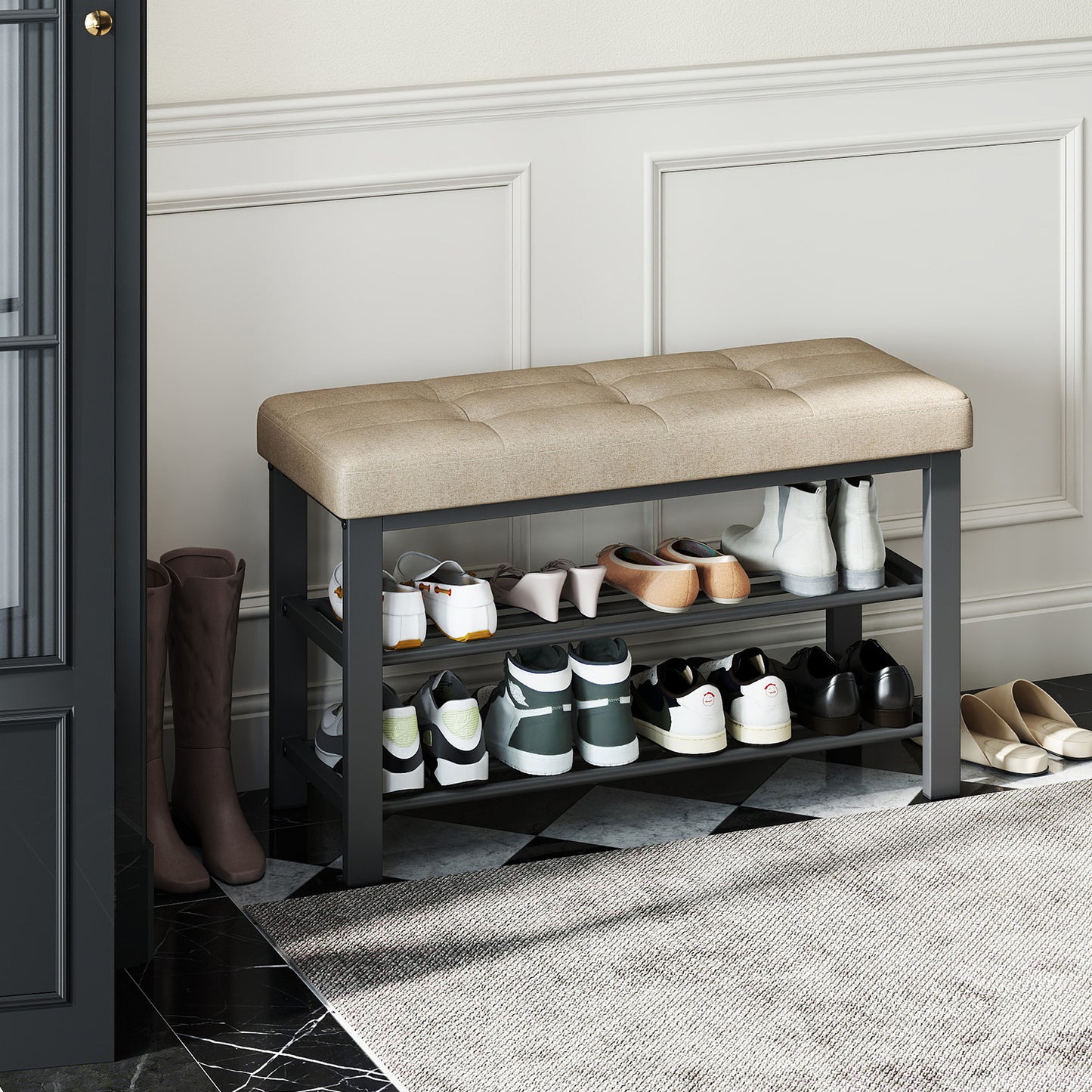2-Tier Storage Bench with Cushioned Seat, 300lb Capacity Shoe Organizer, Space-Saving Entryway Solution for 8 Pairs, Camel Brown and Ink Black