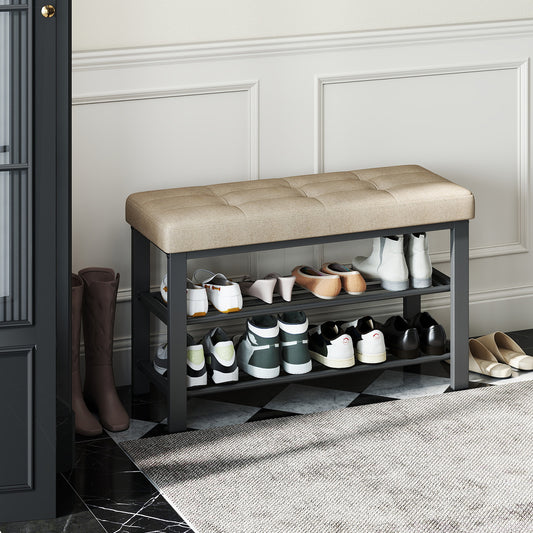 2-Tier Storage Bench with Cushioned Seat, 300lb Capacity Shoe Organizer, Space-Saving Entryway Solution for 8 Pairs, Camel Brown and Ink Black