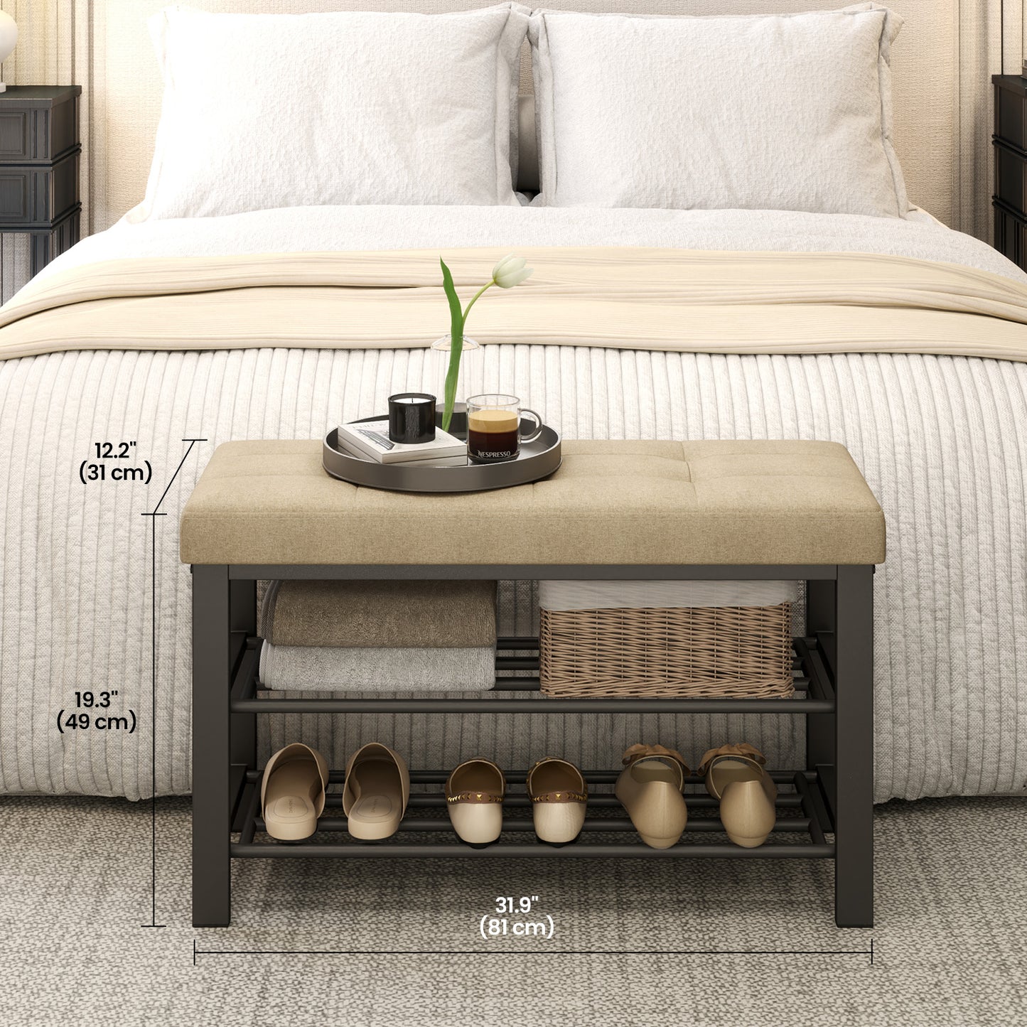 2-Tier Storage Bench with Cushioned Seat, 300lb Capacity Shoe Organizer, Space-Saving Entryway Solution for 8 Pairs, Camel Brown and Ink Black