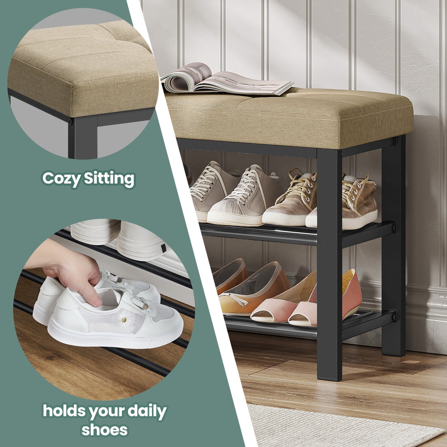 2-Tier Storage Bench with Cushioned Seat, 300lb Capacity Shoe Organizer, Space-Saving Entryway Solution for 8 Pairs, Camel Brown and Ink Black