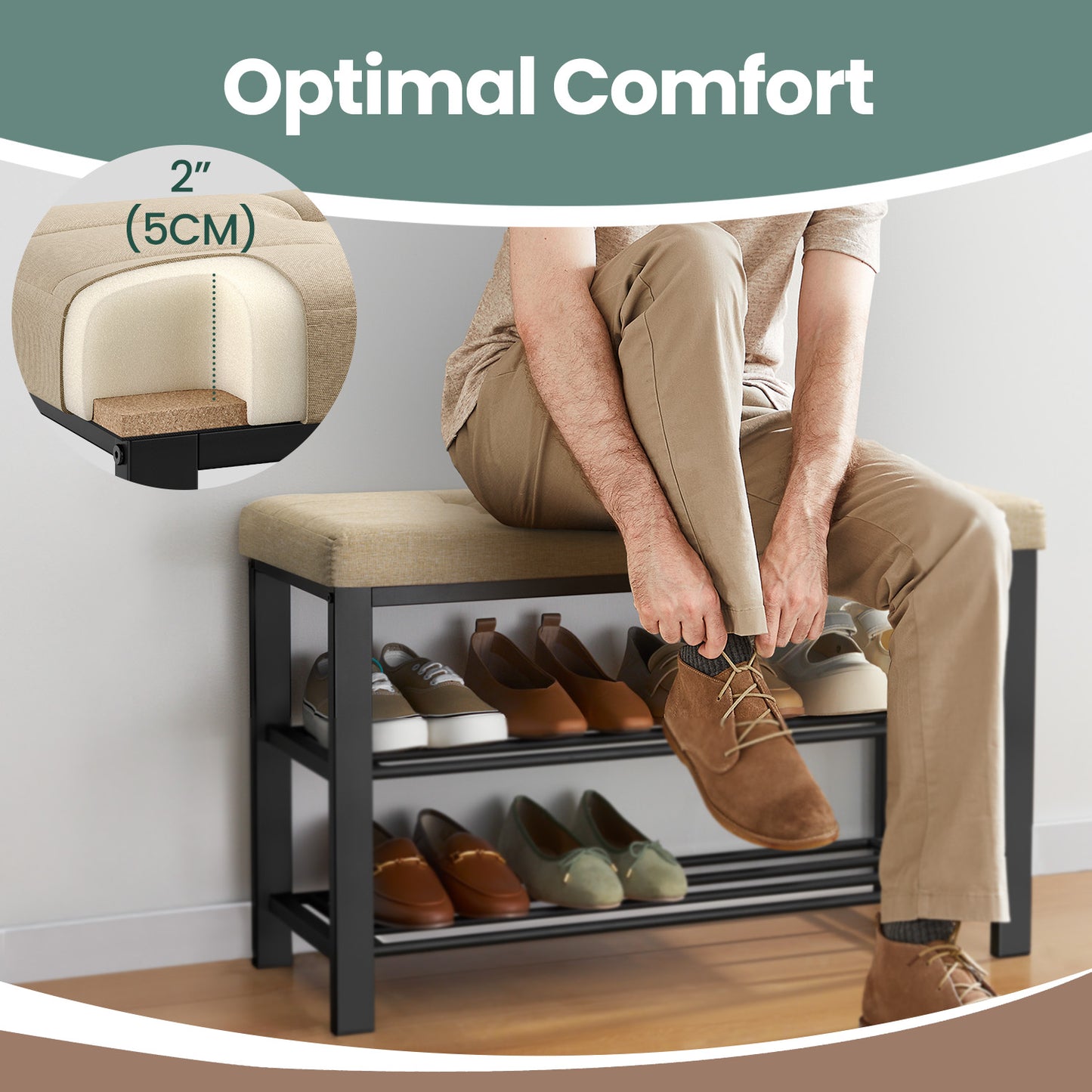 2-Tier Storage Bench with Cushioned Seat, 300lb Capacity Shoe Organizer, Space-Saving Entryway Solution for 8 Pairs, Camel Brown and Ink Black