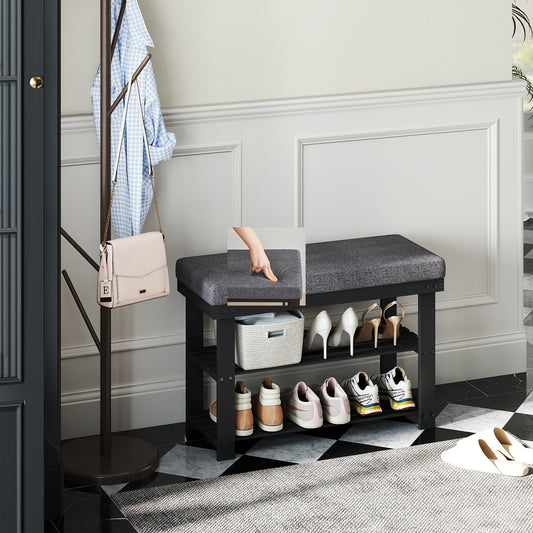 Bamboo Shoe Bench - 3-Tier Shoe Rack Organizer with Padded Seat, 330lb Capacity, Entryway Storage, Black and Gray