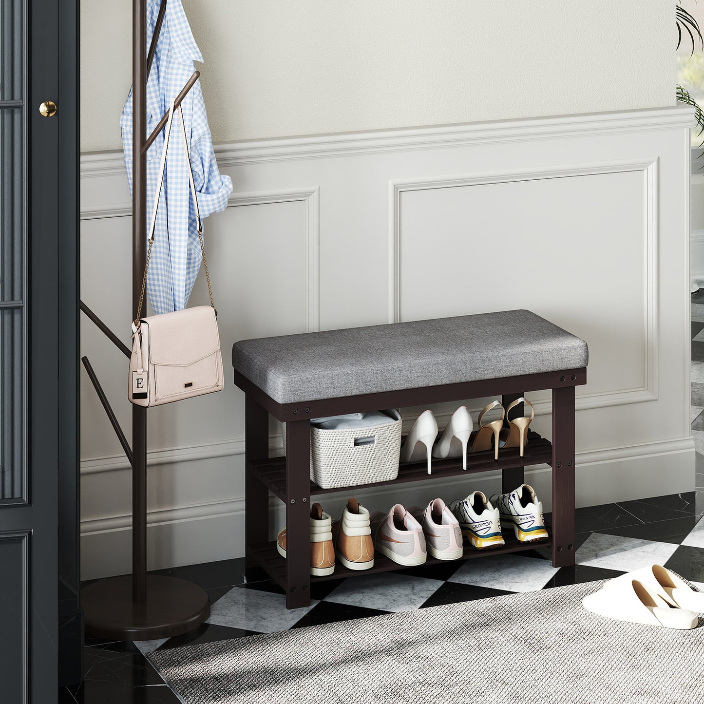 Bamboo Shoe Bench - 3-Tier Shoe Rack with Padded Seat, 330lb Capacity, Entryway Organizer, Brown and Gray