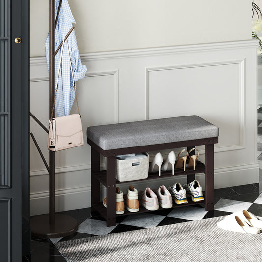 Bamboo Shoe Bench - 3-Tier Shoe Rack with Padded Seat, 330lb Capacity, Entryway Organizer, Brown and Gray