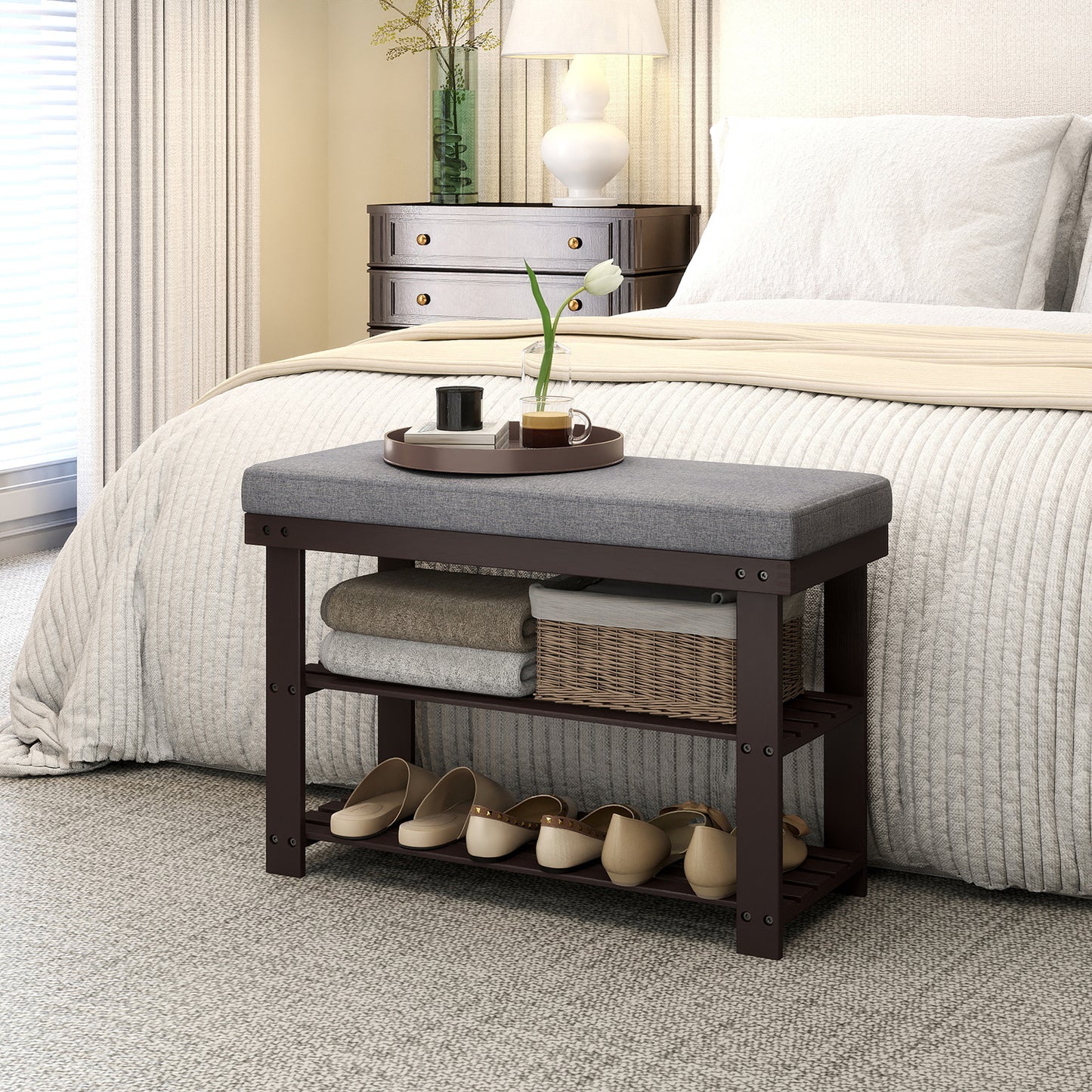 Bamboo Shoe Bench - 3-Tier Shoe Rack with Padded Seat, 330lb Capacity, Entryway Organizer, Brown and Gray