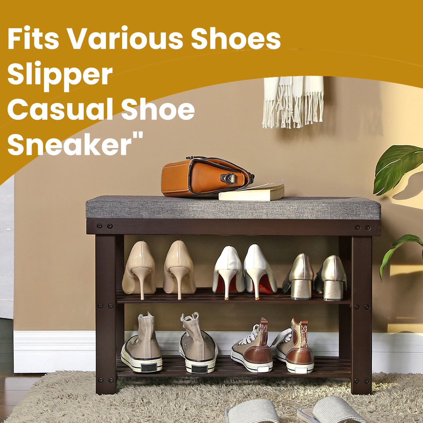 Bamboo Shoe Bench - 3-Tier Shoe Rack with Padded Seat, 330lb Capacity, Entryway Organizer, Brown and Gray