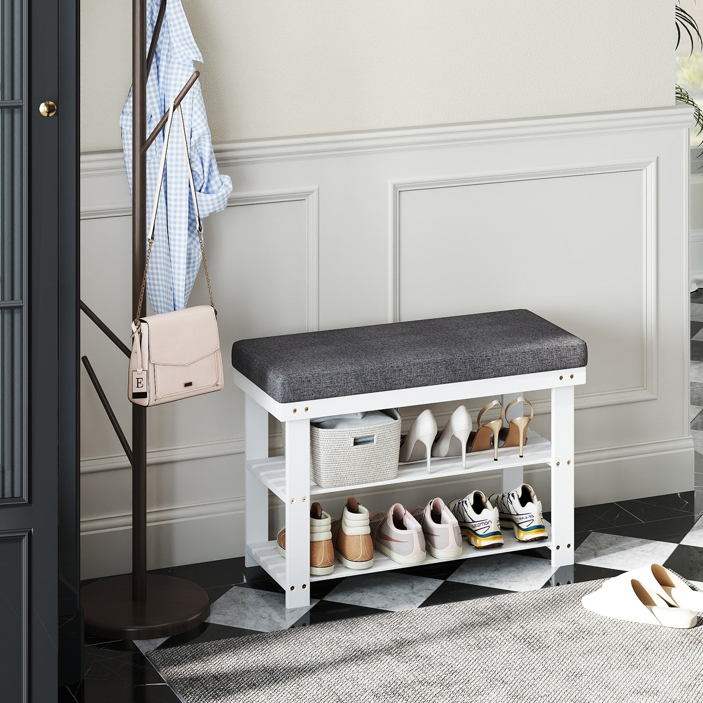 3-Tier Shoe Bench with Cushioned Seat – Sturdy Entryway Organizer, Holds 330 lbs, Fits 6 Pairs of Shoes, Easy Assembly, White and Gray