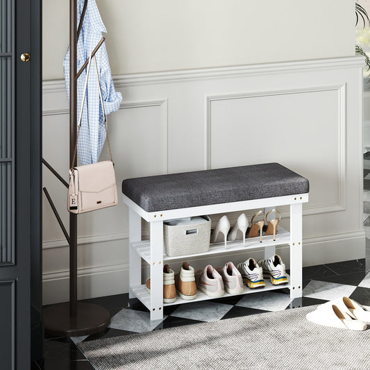 3-Tier Shoe Bench with Cushioned Seat – Sturdy Entryway Organizer, Holds 330 lbs, Fits 6 Pairs of Shoes, Easy Assembly, White and Gray