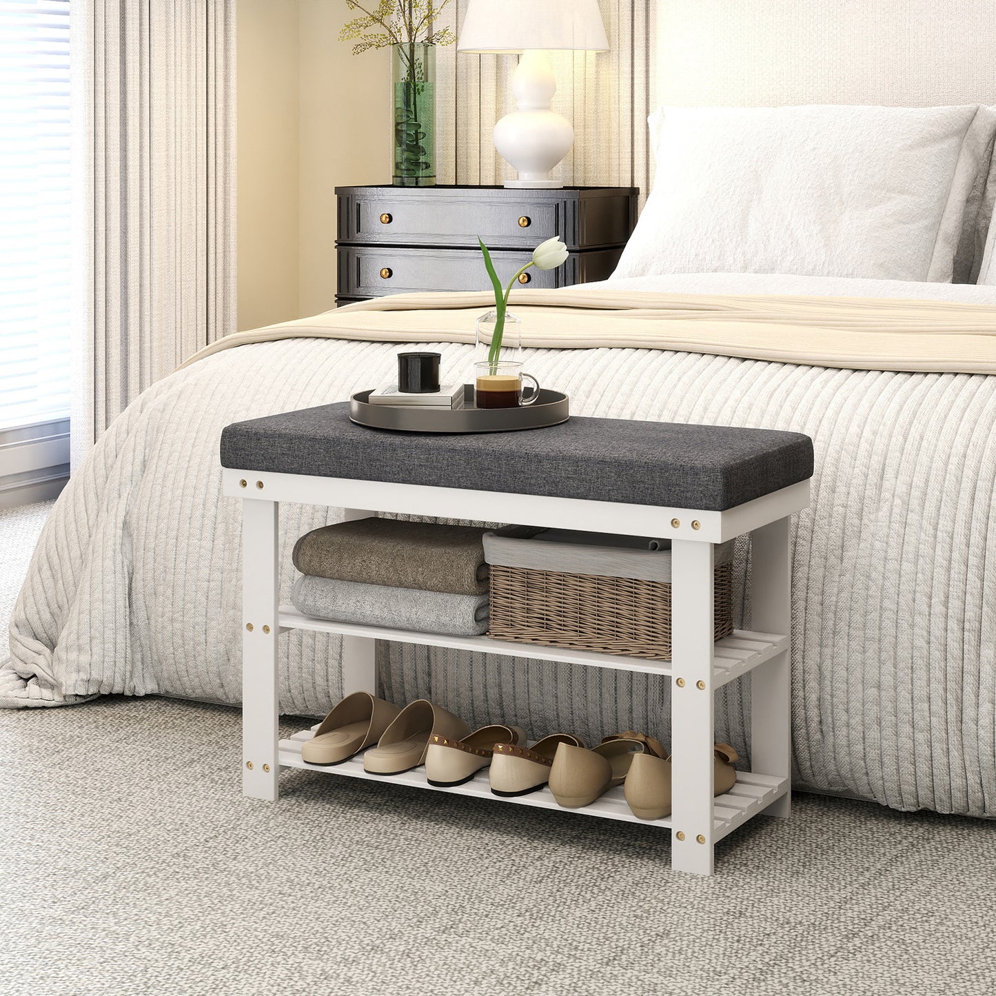 3-Tier Shoe Bench with Cushioned Seat – Sturdy Entryway Organizer, Holds 330 lbs, Fits 6 Pairs of Shoes, Easy Assembly, White and Gray