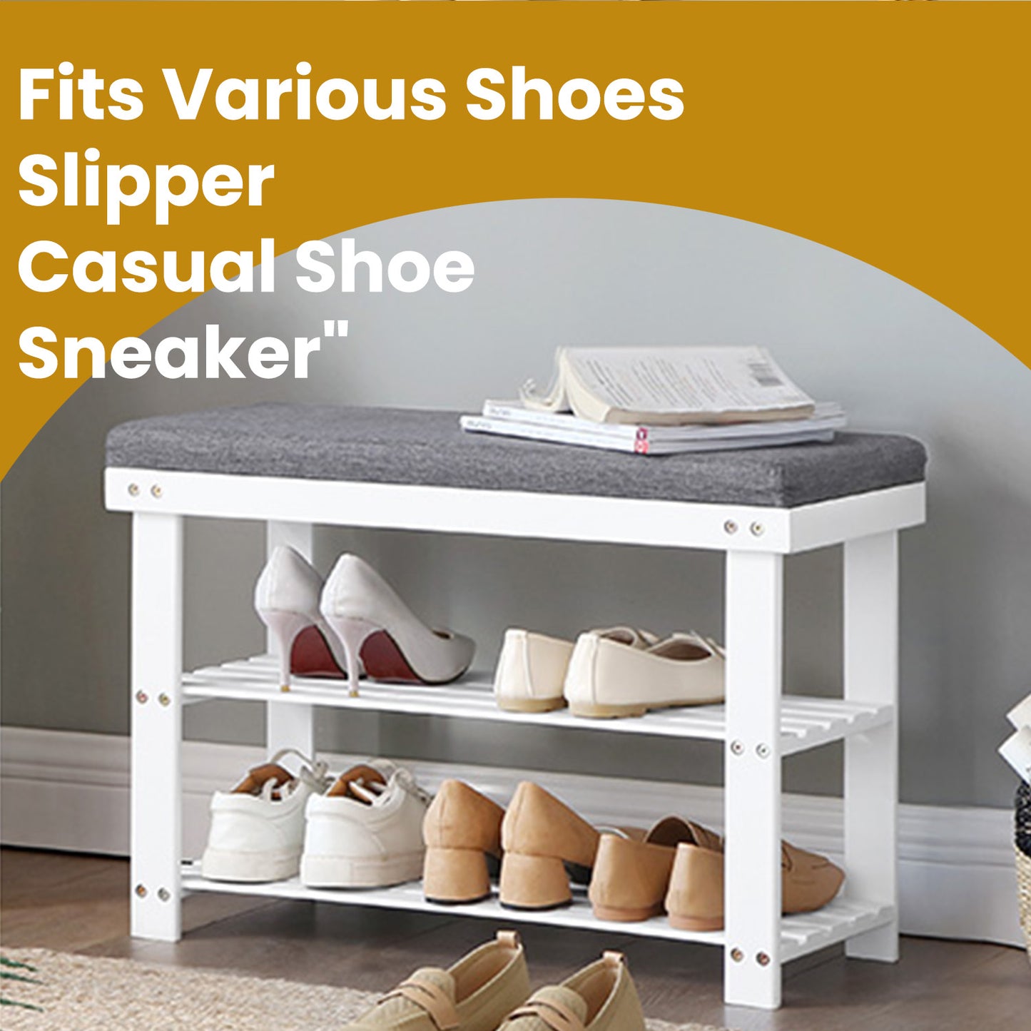 3-Tier Shoe Bench with Cushioned Seat – Sturdy Entryway Organizer, Holds 330 lbs, Fits 6 Pairs of Shoes, Easy Assembly, White and Gray