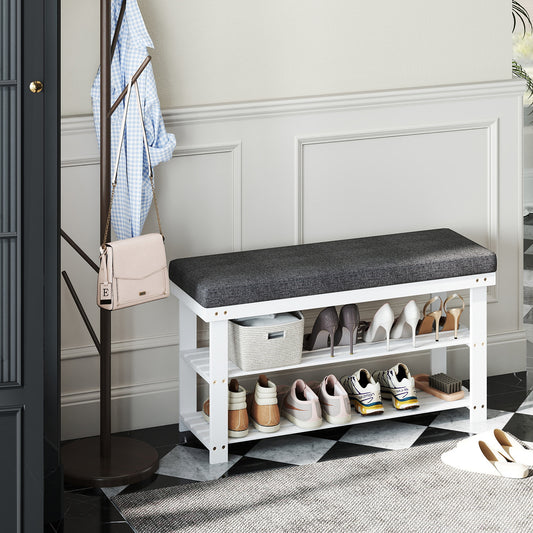 3-Tier Padded Shoe Bench with Storage Shelves, Bamboo Shoe Rack Organizer for Entryway & Living Room, Holds 300lb,Cloud White and Slate Gray