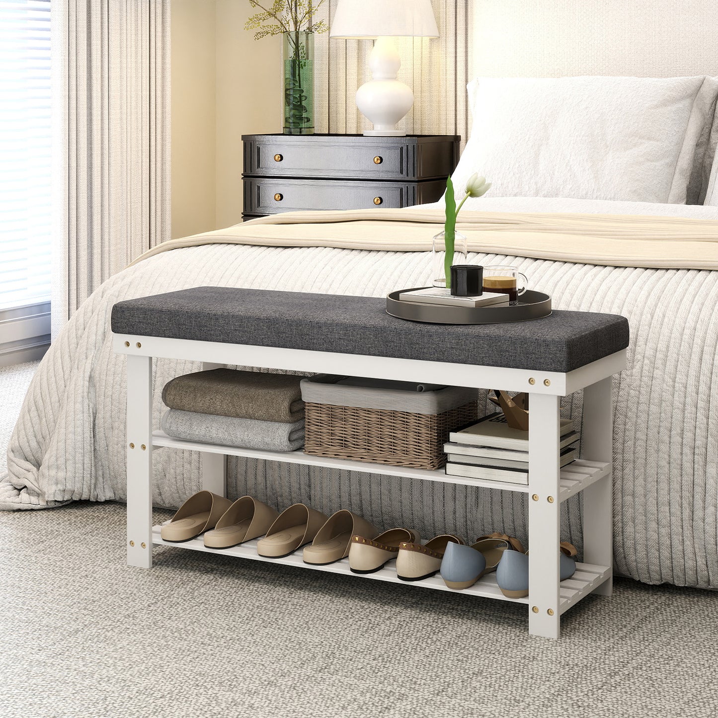 3-Tier Padded Shoe Bench with Storage Shelves, Bamboo Shoe Rack Organizer for Entryway & Living Room, Holds 300lb,Cloud White and Slate Gray