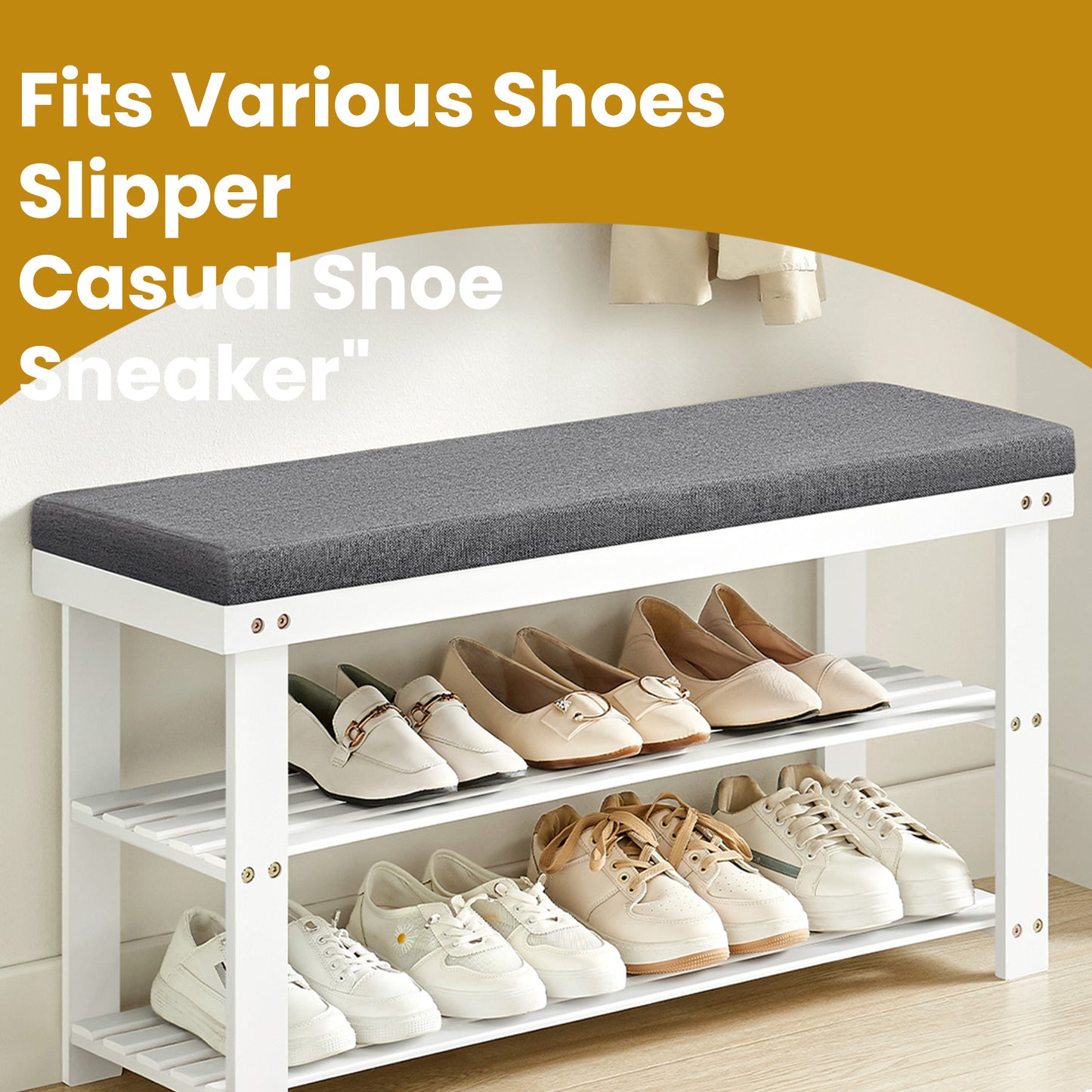 3-Tier Padded Shoe Bench with Storage Shelves, Bamboo Shoe Rack Organizer for Entryway & Living Room, Holds 300lb,Cloud White and Slate Gray