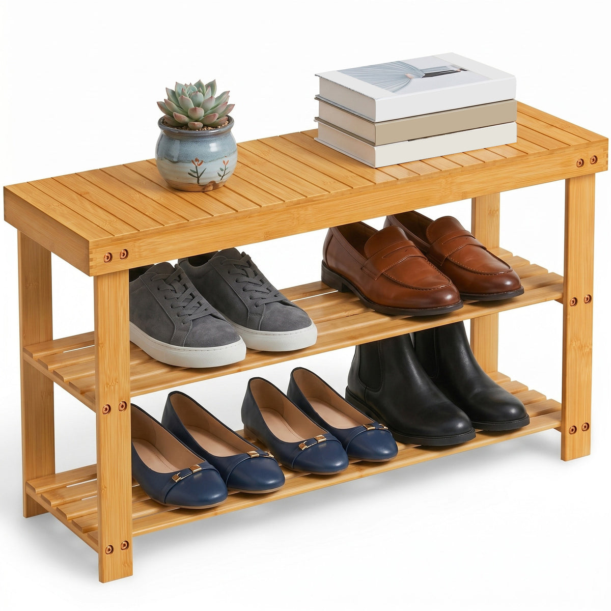 LEDREM Shoe Rack Bench, 3-Tier Bamboo Entryway Storage Bench, 35.2 x 11.3 x 17.8 Inches, Yellow