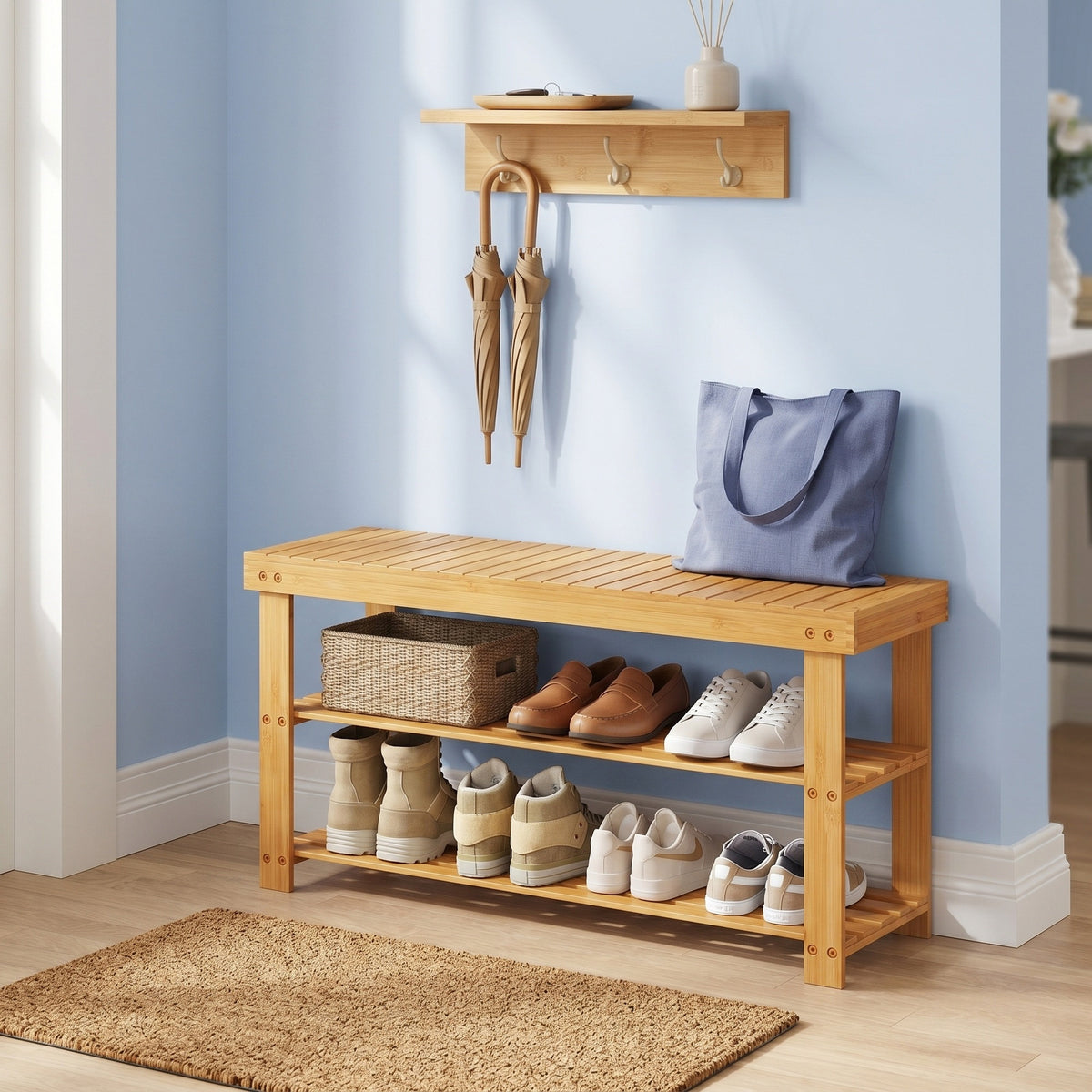 LEDREM Shoe Rack Bench, 3-Tier Bamboo Entryway Storage Bench, 35.2 x 11.3 x 17.8 Inches, Yellow