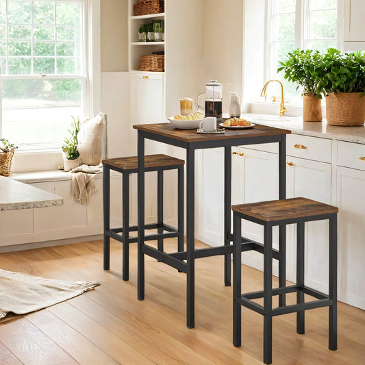 Modern Square Bar Table Set with 2 Stools - Compact Dining Pub Set for Two, Sturdy & Stylish, Black