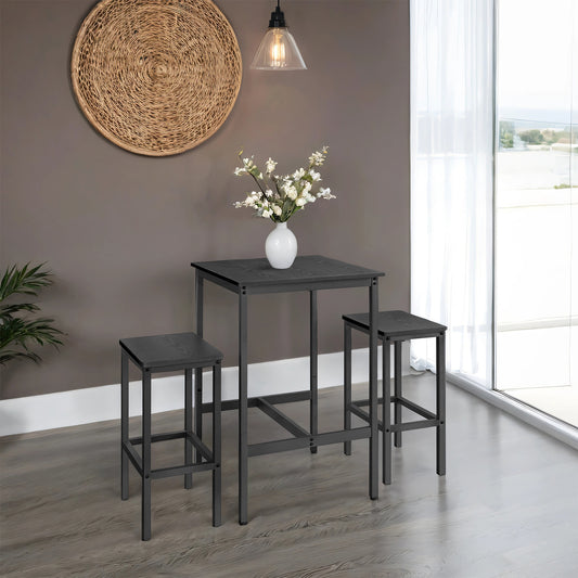 Modern Square Bar Table Set with 2 Stools, Compact 2-Person Dining Pub Height Set for Small Spaces, Ebony & Ink Black